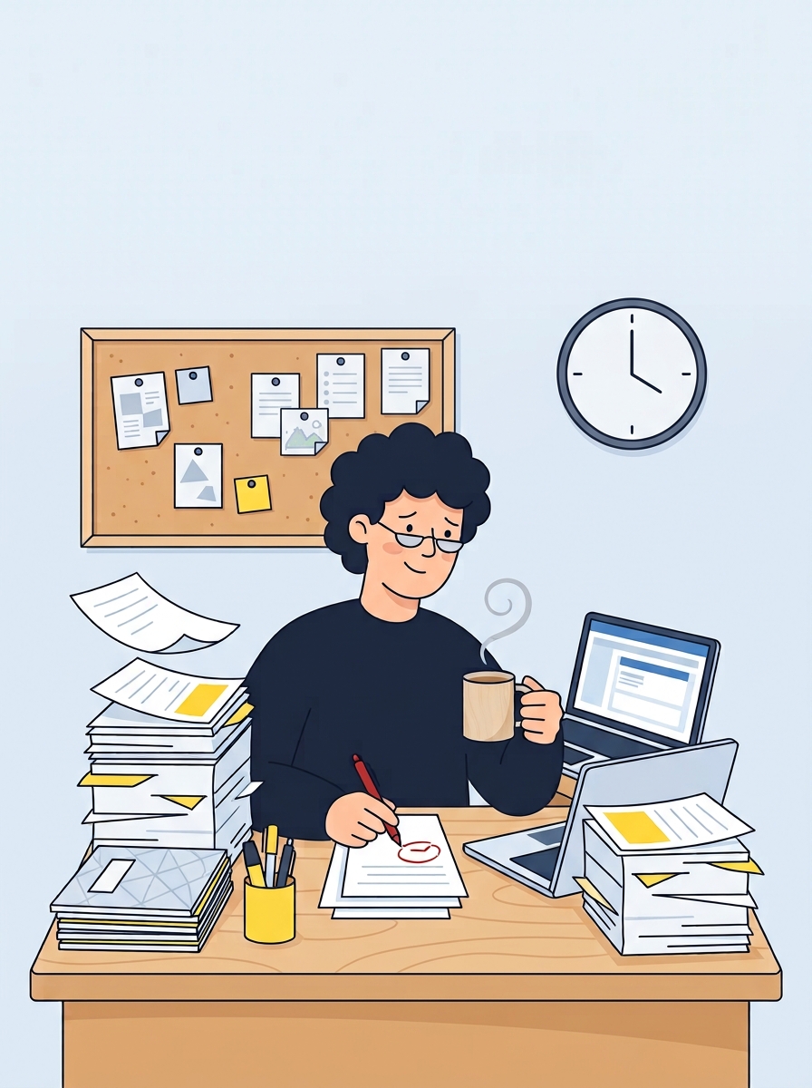 Illustration of a busy teacher at a desk piled with worksheets